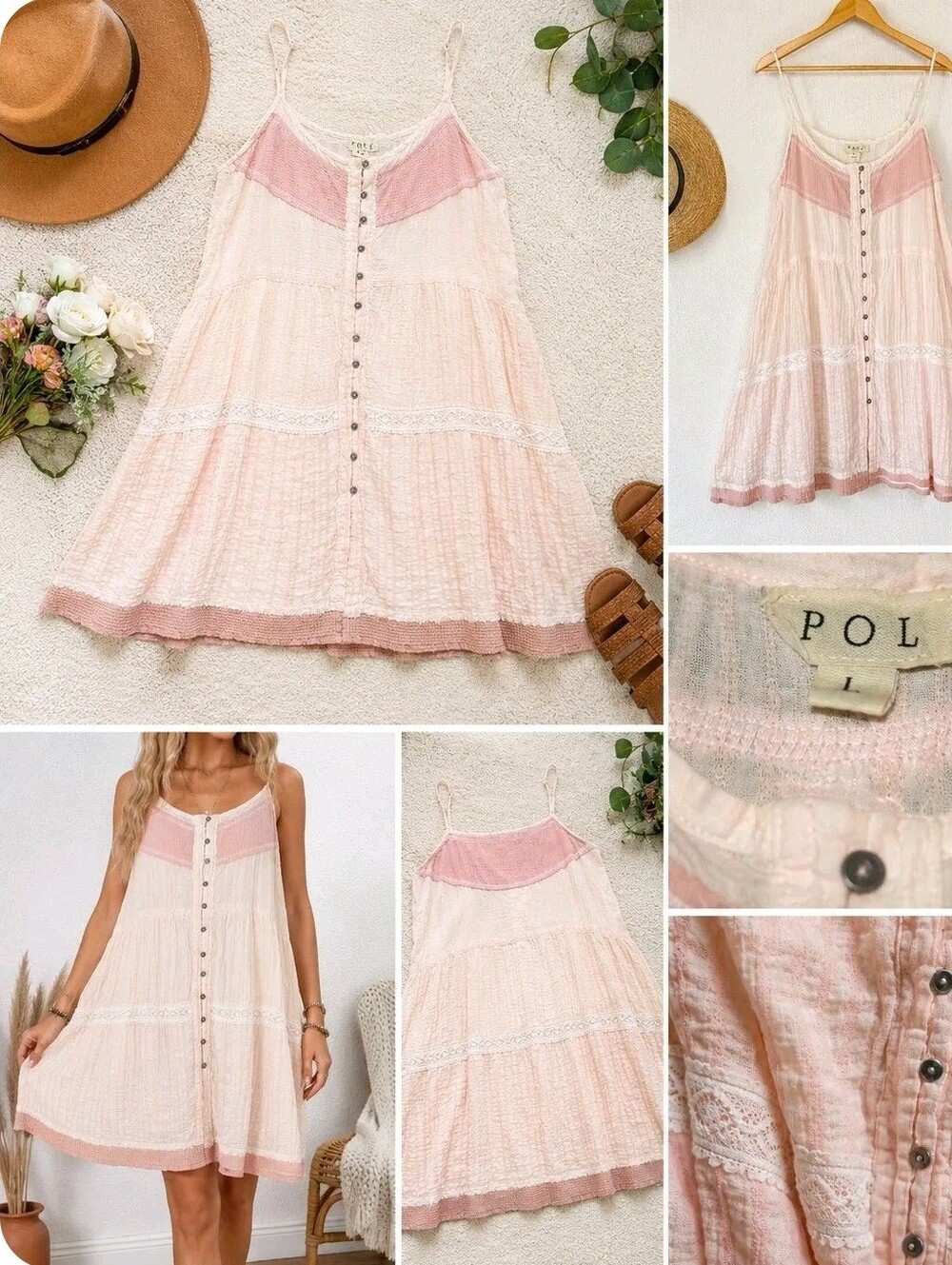 POL Pale Pink & Cream Button-Front Midi Sundress
